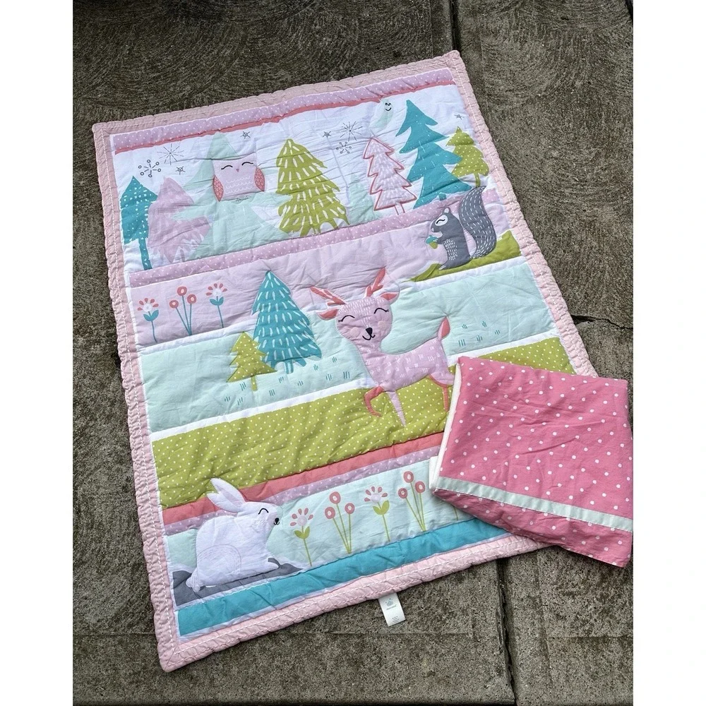 Cloud Island Woodland Theme Crib Quilt Coverlet, Pink & Multicolor